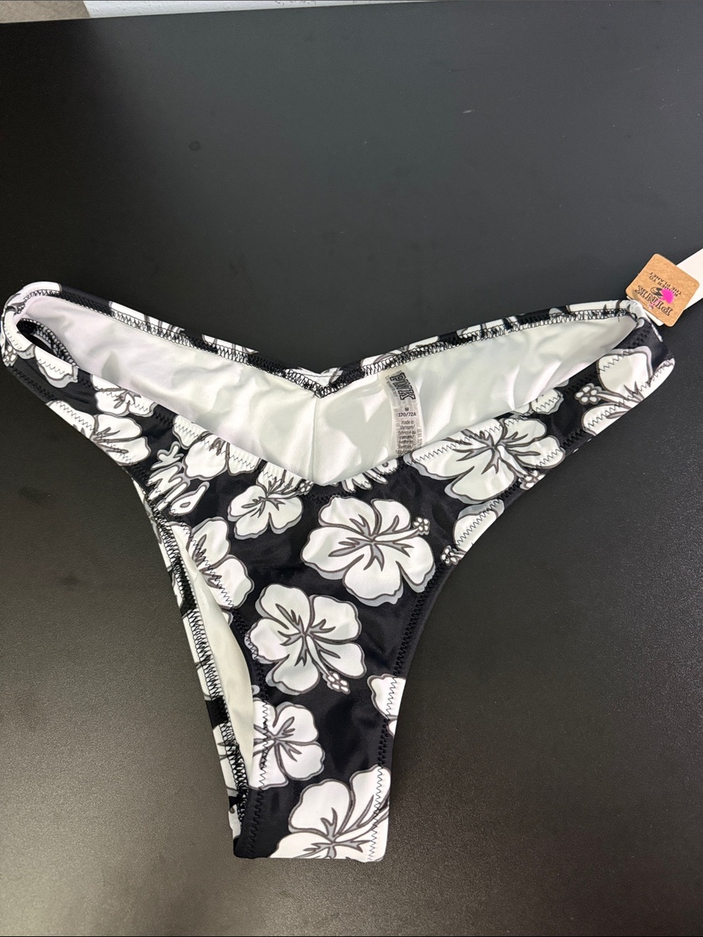PINK Victoria's Secret Black and White Floral Bikini Tag Detail with Pink Accent